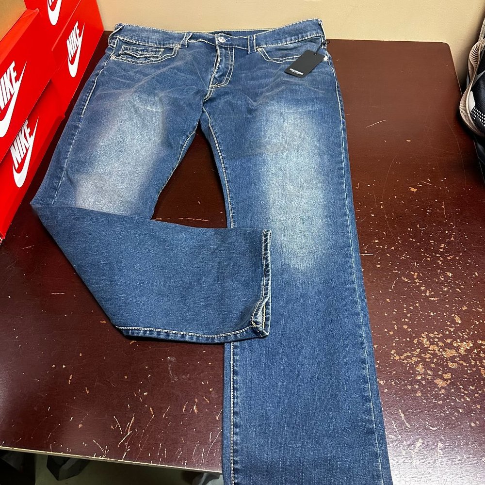 True Religion Mens Blue Ricky Medium Wash Relaxed Fit Denim Straight Jeans 42